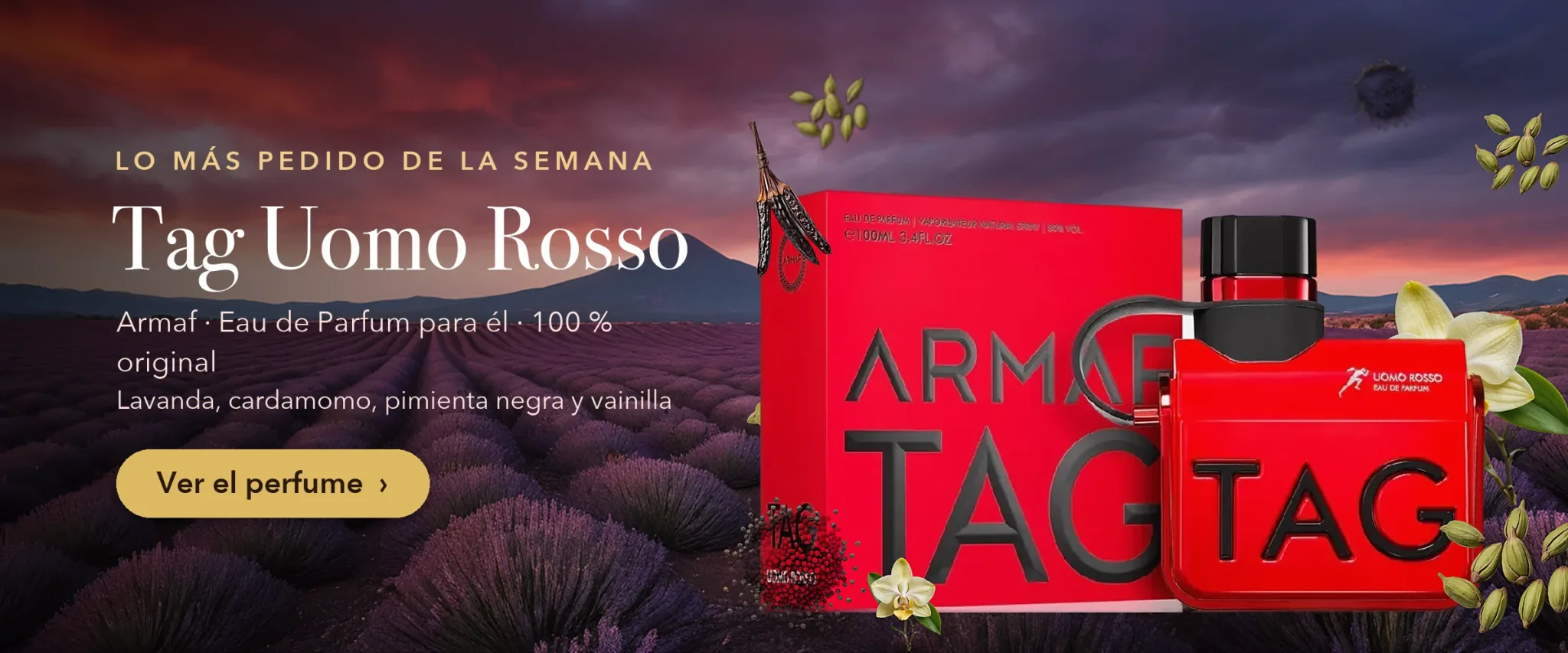 Perfume Armaf Tag Uomo Rosso con cardamomo, pimienta negra y flor de vainilla en un campo de lavanda al atardecer
